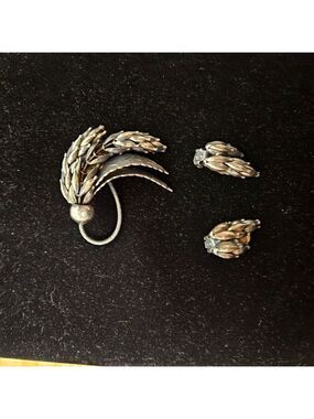 Vintage Continental Silver-plated Wheat Sheaf Brooch and Earrings Set